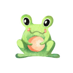 Green Cute Kids frog Sitting with pink cheeks. Funny watercolor animal greeting card for children