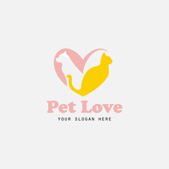 pet love illustration logo design. dog and cat with love background