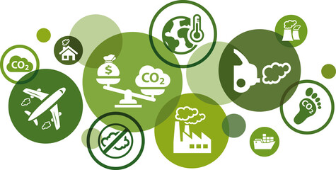 CO2 carbon emission vector illustration. Green concept with no people and icons related to global warming, carbon reduction strategy, co2 pricing, tax or permit, emissions trading.