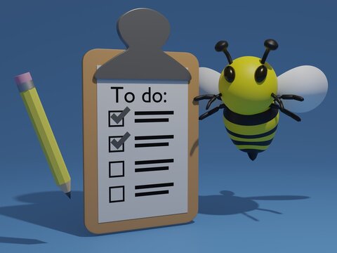 A to do list on a clip board with some items checked off and a pencil with a blue background and a bumble bee, 3d render