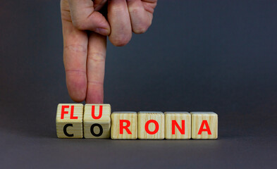 Covid-19 corona and flu flurona symbol. Doctor turns cubes and changes the word corona to flurona....