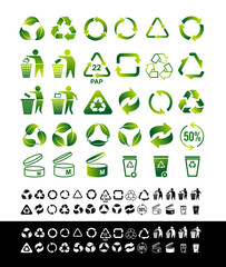 Set of vector symbols and signs for design of packaging products. Information about the goods being transported and a sign of recycling. Collection green symbols. Recycle and some packaging sign.