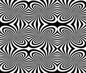 Black and white vector illustration of mobius torus seamless pattern with geometrical hypnotic twisting striped lines. 