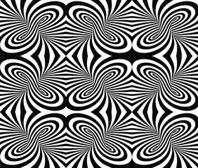 Black and white vector illustration of mobius torus seamless pattern with geometrical hypnotic twisting striped lines. 