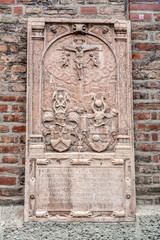 Medieval stone script and carvings on the exterior of Frauenkirche in Munich