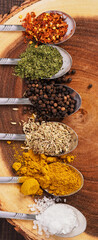 spices and herbs in spoons