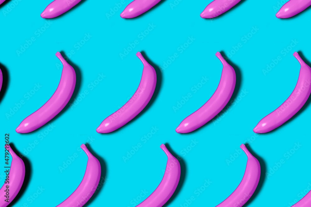Poster Seamless pattern of pink 3D rendered bananas on blue background with shadow in vaporwave style.