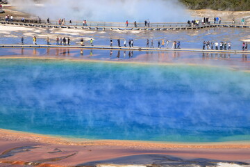 Tourists on the Grand Prismatic Spring boardwalk, Yellowstone National Park, Wyoming, USA