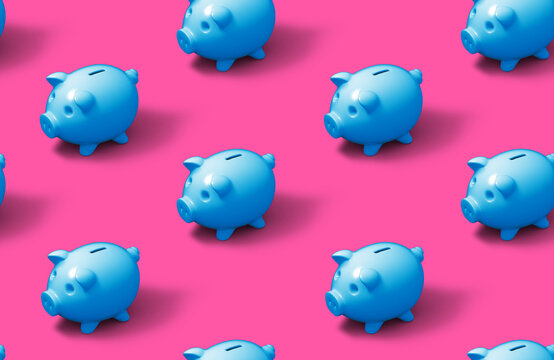 Seamless Pattern Of Blue Piggy Bank On Pink Background. Flat Lay Minimal Concept Design Illustration From 3D Rendering.