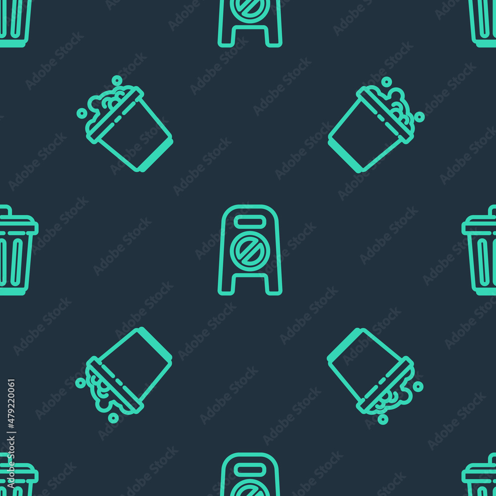 Poster set line wet floor and cleaning in progress, bucket with soap suds and trash can on seamless pattern