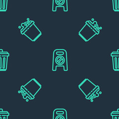 Set line Wet floor and cleaning in progress, Bucket with soap suds and Trash can on seamless pattern. Vector
