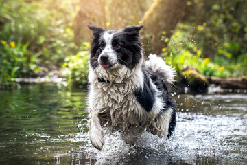 Black and White Border Collie Dog Playing In Water