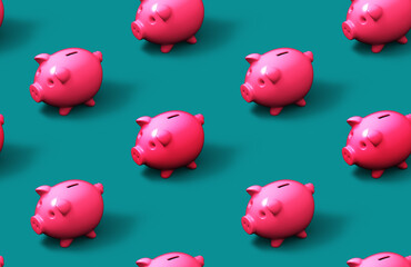 Seamless pattern of pink piggy bank on pastel dark green background. Flat lay minimal concept design illustration.
