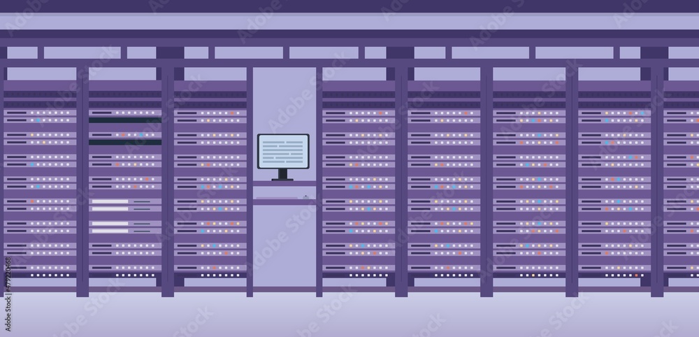 Poster hosting data center and server system room interior. flat hardware technology equipment group. web d
