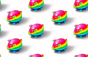 Seamless pattern of rainbow colored piggy bank on white background. Flat lay minimal concept design illustration from 3D rendering.