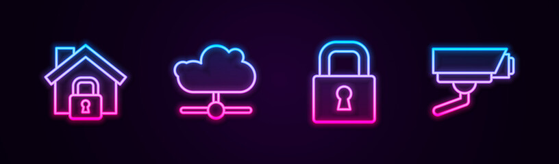 Set line House under protection, Network cloud connection, Lock and Security camera. Glowing neon icon. Vector