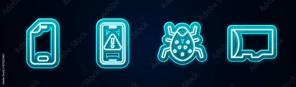 Poster set line glass screen protector, mobile with exclamation mark, system bug and micro sd memory card. 