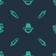 Set line Mexican sombrero, Hot chili pepper pod and Nachos on seamless pattern. Vector