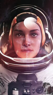 Portrait of a female astronaut series in space, 3d motion with ink effect.