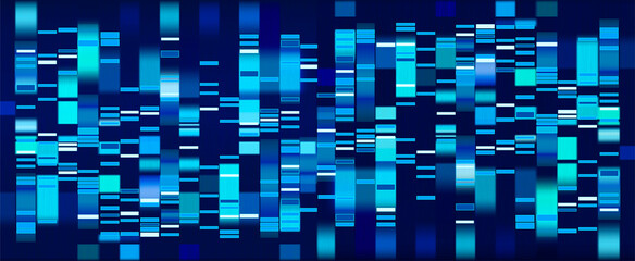 Vector graphic template of blue hues monochromatic big genomic data visualization, DNA test and genome map sequence. - obrazy, fototapety, plakaty