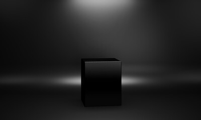 Studio shooting set up of dark background and a shining black cube pedestal. 3D illustration and rendering concept backdrop for product mockups.