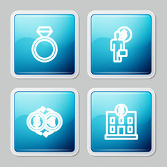 Set line Diamond engagement ring, Business man planning mind, Money exchange and Bank building icon. Vector