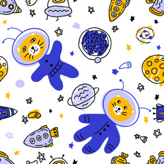Doodle seamless pattern with cats astronauts in space. Perfect for T-shirt, textile and print. Hand drawn vector illustration for decor and design.
