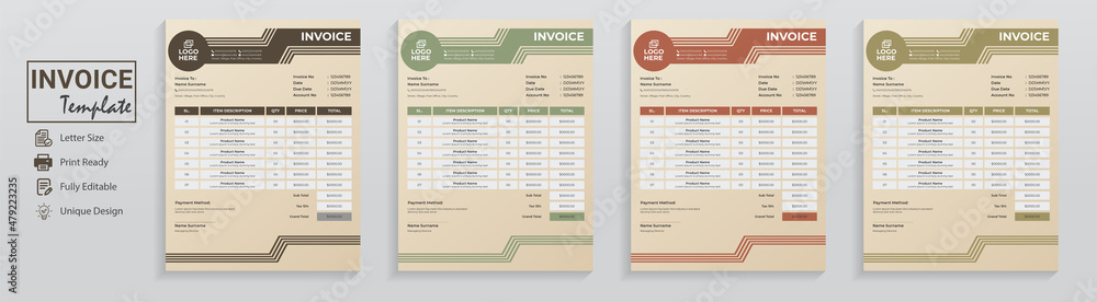 Wall mural Set of 4 minimal modern invoice template cash memo design for professional bookkeeping accounting commerce money receipt billing business document with color trend 