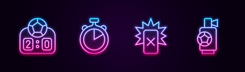 Fototapeta na wymiar Set line Sport mechanical scoreboard, Stopwatch, Red card football and Air horn. Glowing neon icon. Vector