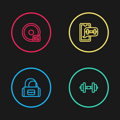 Set line Sport bag, Dumbbell, Fitness app and Weight plate icon. Vector