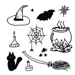 Vector Halloween Witch doodle set in line. Black and white hand drawn illustration. Good for invitations, wrapping paper, halloween design