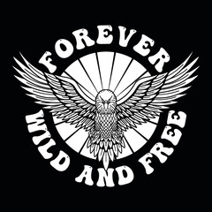 Black and White Eagle Illustration with Open Wings and Slogan Artwork on Black Background