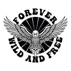 Black and White Eagle Illustration with Open Wings and Slogan Artwork on White Background