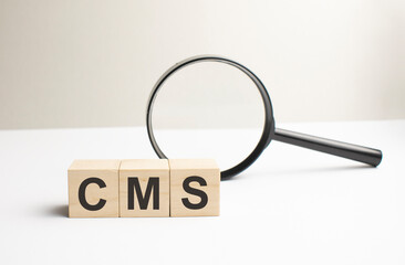 Lettering cms on wooden cubes on a gray background