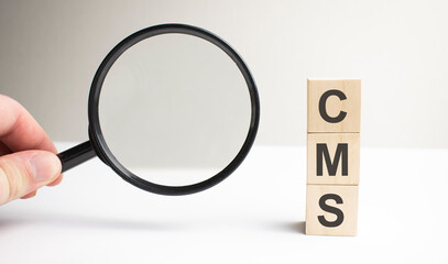 Lettering cms on wooden cubes on a gray background