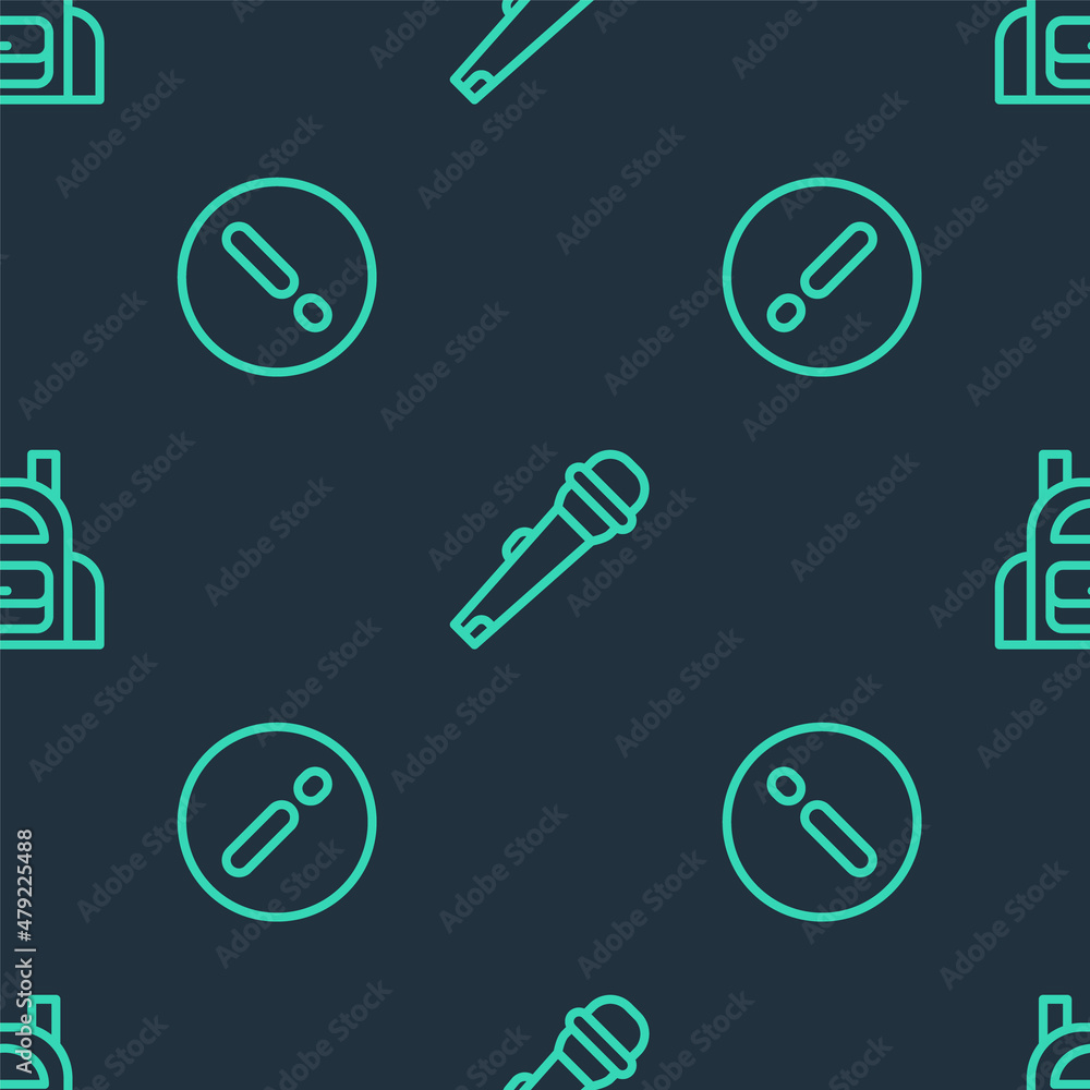 Poster set line microphone, speech bubble and exclamation and school backpack on seamless pattern. vector