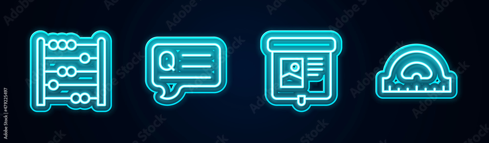 Poster set line abacus, speech bubbles with question, projection screen and protractor grid. glowing neon i