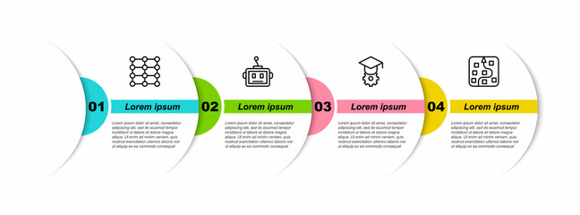 Set line Neural network, Artificial intelligence robot, Graduation cap and . Business infographic template. Vector