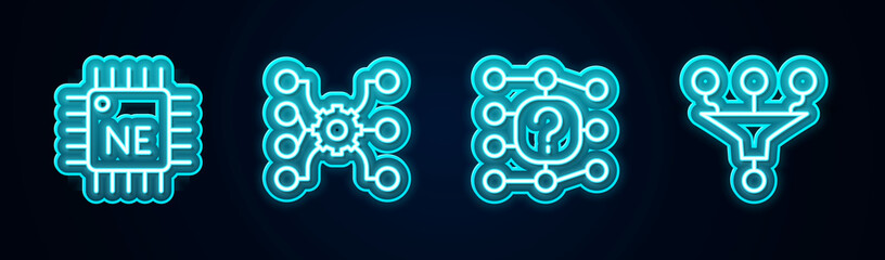 Set line Processor CPU, Neural network, and Funnel filter. Glowing neon icon. Vector