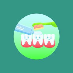 Vector holiday illustration of dentist day. healthy white teeth characters, tube of toothpaste electric toothbrush, close-up, mint leaves in the background.