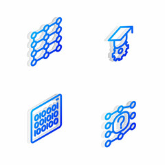 Set Isometric line Graduation cap, Neural network, Binary code and icon. Vector