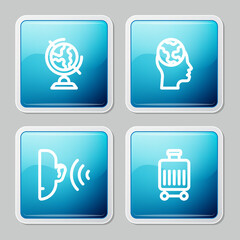Set line Earth globe, Learning foreign languages, listen sound signal and Suitcase icon. Vector