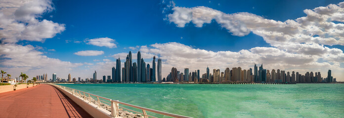 Dubai Marina panoramic skyline from Palm Jumeirah.