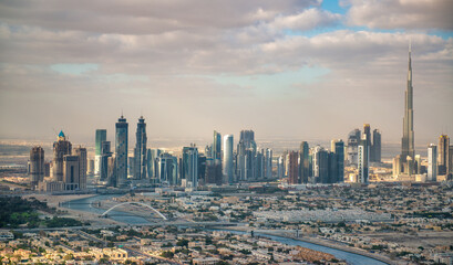 Naklejka na ściany i meble Downtown Dubai aerial panoramic view from helicopter, UAE.