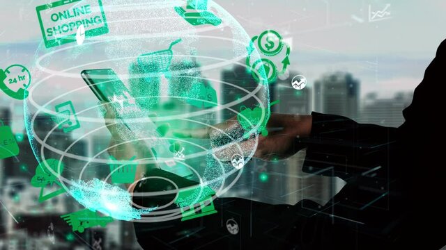 Online shopping and Internet Money Payment Transaction Technology conceptual . Modern graphic interface showing e-commerce retail store for customer to purchase on website and pay by online transfer.