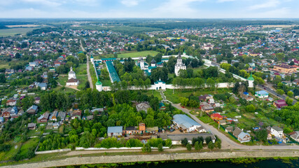 Top view of a scenic view from a drone on the city of Aleksandrov, one of the oldest cities in the Moscow region, Aleksandrovskaya Sloboda (Alexander Kremlin) - the residence of Tsar Ivan the Terrible