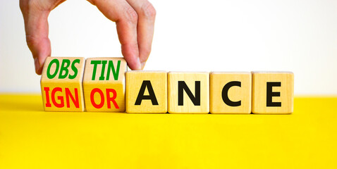 Obstinance or ignorance symbol. Businessman turns cubes, changes the word ignorance to obstinance. Beautiful yellow table, white background. Business, obstinance or ignorance concept. Copy space.