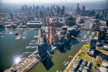 MELBOURNE, AUSTRALIA - SEPTEMBER 8, 2018: Aerial city skyline from helicopter. Downtown and Yarra...