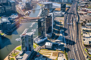 MELBOURNE, AUSTRALIA - SEPTEMBER 8, 2018: Aerial city skyline from helicopter. Downtown and Yarra...
