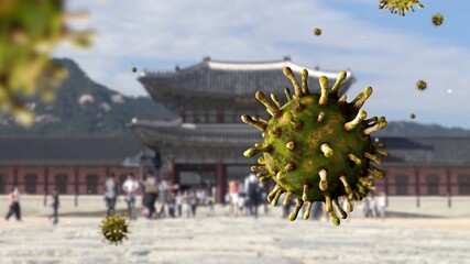 3D illustration omicron variant coronavirus floating over tourits at South Korea